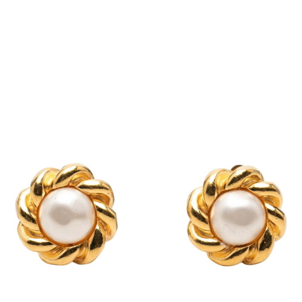 Chanel Vintage Flower Motif Earrings, Gold Plated, Faux Pearl, Women's.
